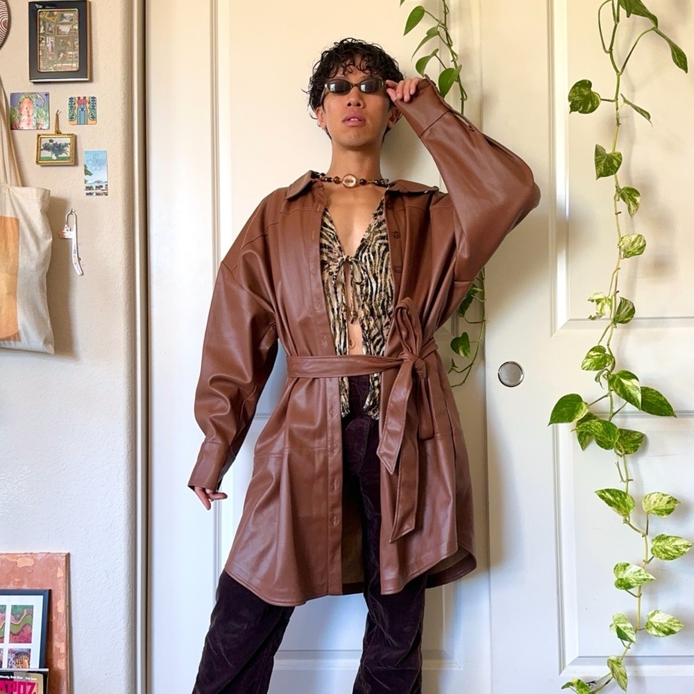 Plus Size Brown Pleather Coat